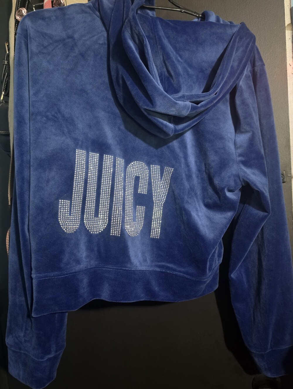 Juicy Couture Women's Blue Velour Hooded Jacket with Rhinestone Logo